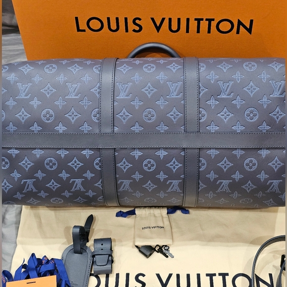 Louis Vuitton Keepall Bandouliere 50 Giant Monogram Shadow Blue Travel Bag Leath - Picture 13 of 16